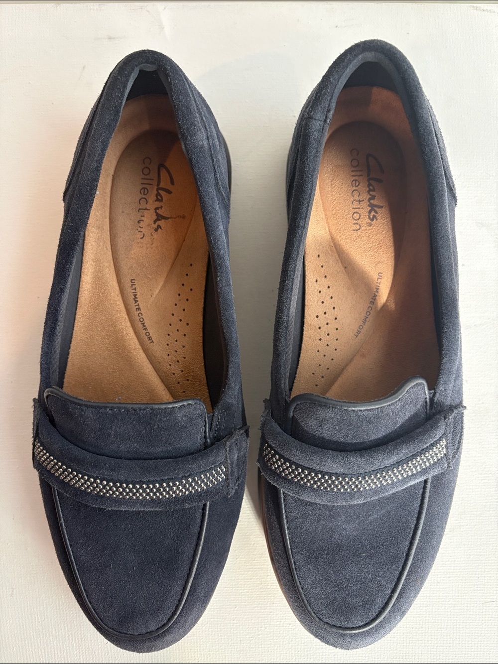 Clarks Zylah Shine Navy Leather Wedge Loafers 10W